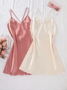 Women's Satin Sleepwear Set, Pure Color Cross-Band Design, Soft & Comfortable Nightgown, Ideal for Relaxing at Home
