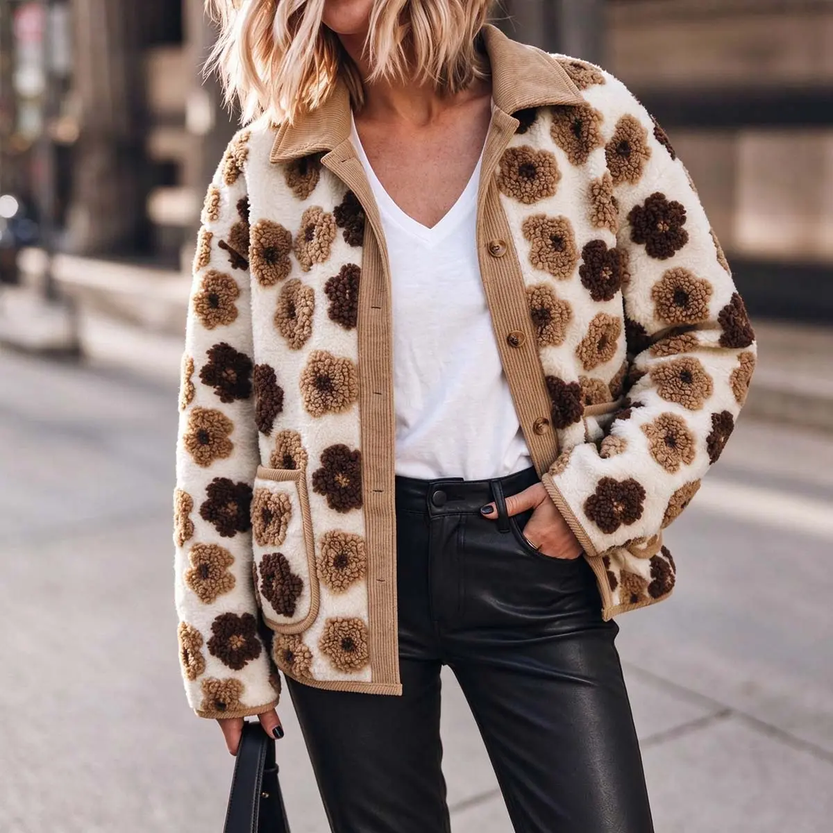 CHICME Women's 3D Faux Shearling Floral Jacket Corduroy Trim Button Down Fleece Coat
