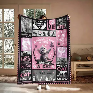 Cat Lover Quotes Patchwork Pattern Blanket, 1 Count Soft Warm Flannel Throw Blanket, Cozy Nap Blanket for Cat Lover Gift