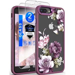 Phone Case for iPhone 8 Plus Case, iPhone 7 Plus & 6 Plus Case,Military Grade Drop Tested Hard Back & Soft Edge Slim Flower Women Girls Phone Protective Cover with Tempered Glass Screen Protector (Purple)