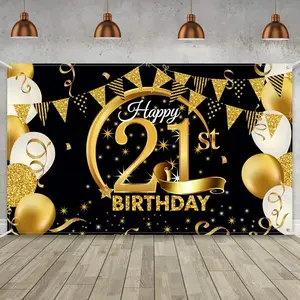 Birthday Party Decoration Commemorative Photo Booth Black Gold Logo Poster Background Banner, Birthday Party Supplies, 43x71in