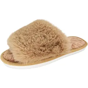 Women'S Fuzzy Fur Flat Slippers Soft Open Toe House Slippers Memory Foam Sandals Slides Home Slippers for Girls Men Indoor Outdoor