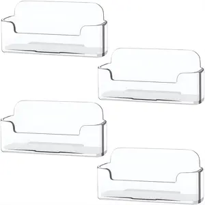 4 Pack Clear Plastic Business Card Holder Acrylic Business Card Display Stands for Desk, Professional Card Organizers for Office, Reception & Home Workspace, Durable Transparent Design