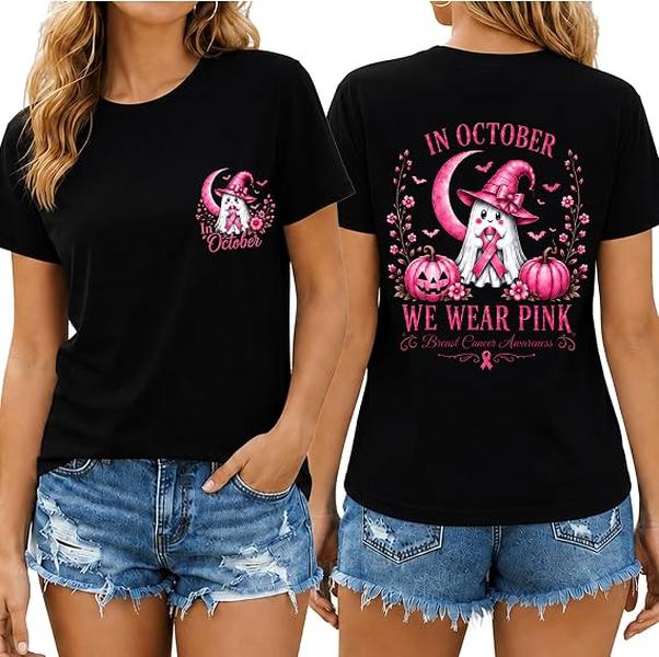Women's Cotton Short-Sleeve Casual Breast Cancer Awareness Top - October We Wear Pink, Halloween Gentle Ghost Design, Awareness Message, Everyday Wear, Tshirt Gifts for Women
