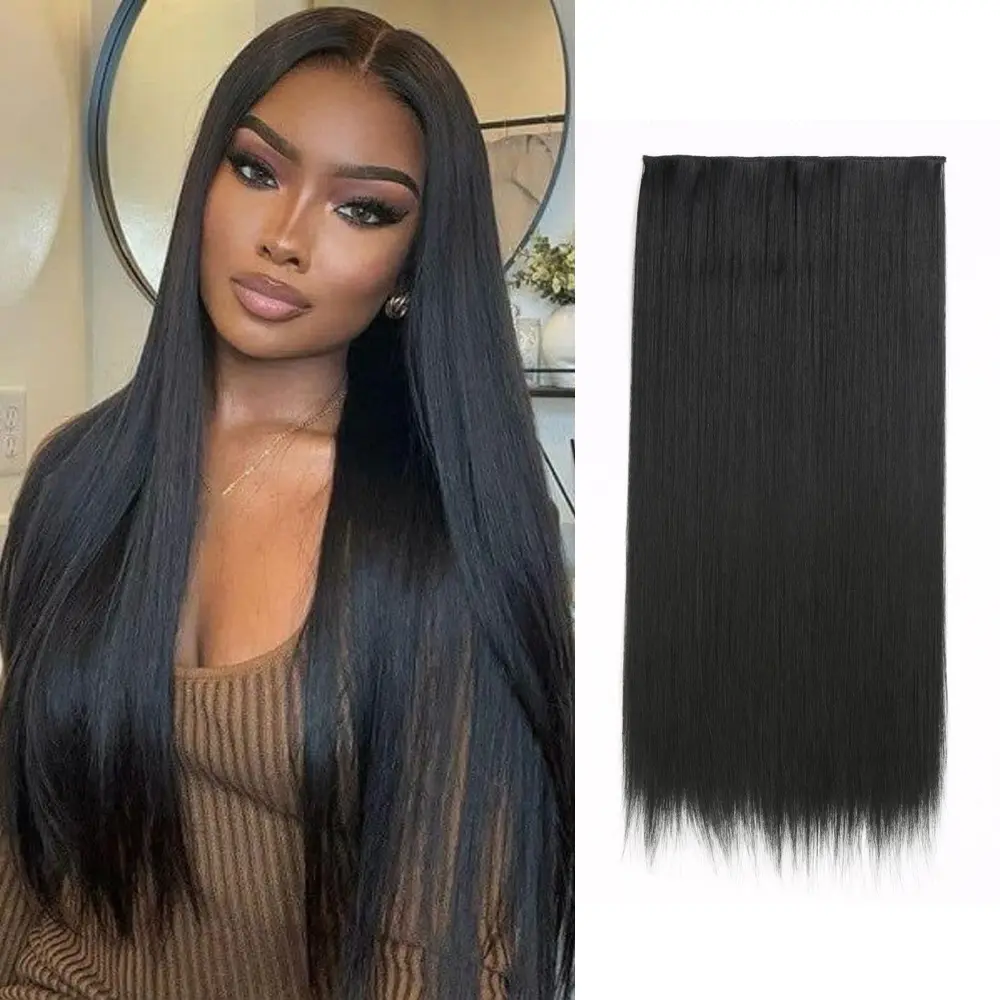 One Piece 5 Clips Long Straight Hair Extensions Synthetic Volume Adding Seamless Weft for Women