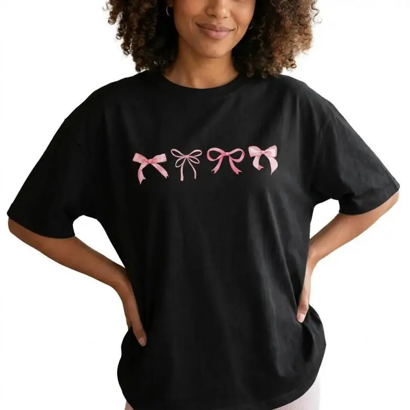 Women's Plus-Size Coquette Pink Bow Graphic Balletcore Sports Top, Baggy Oversize Fit, Fits Street Style Outerwear Needs, Day