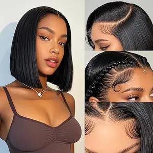 4x4 Bob Wig Human Hair Glueless Wigs Pre Plucked Pre Cut Bleached Invisible Knots 150% Density Short Straight Wigs for Black Women Bob Wigs Glueless Lace Front Wigs Human Hair with Elastic Band