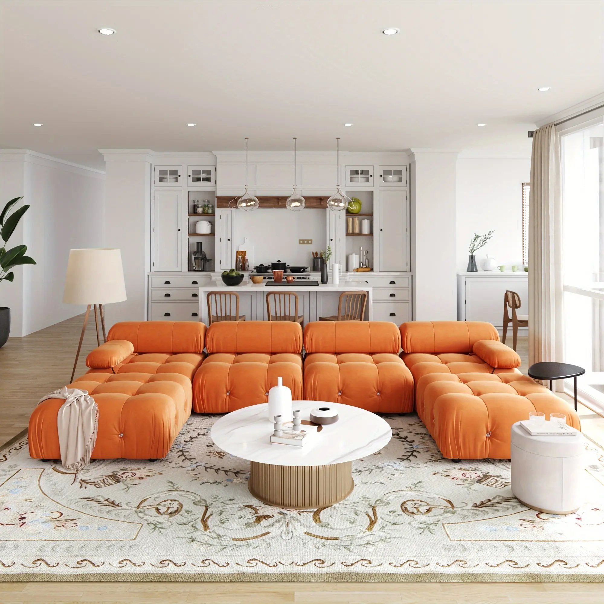 138'' Modern Velvet Sectional Sofa, U Shape Minimalist Modular 6-Seater Couch with 2-Ottomans for Living Room Office Apartment