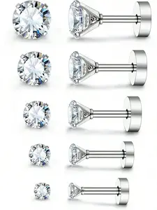 10pcs Stainless Steel Cubic Zirconia Stud Earrings Set, Gold/Silver/Black Multi-Color Multi-Size (3mm/4mm/5mm/6mm/7mm) Elegant CZ Earrings Combo, Unisex Barbell Cartilage Earrings