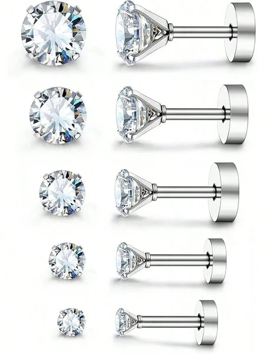 10pcs Stainless Steel Cubic Zirconia Stud Earrings Set, Gold/Silver/Black Multi-Color Multi-Size (3mm/4mm/5mm/6mm/7mm) Elegant CZ Earrings Combo, Unisex Barbell Cartilage Earrings