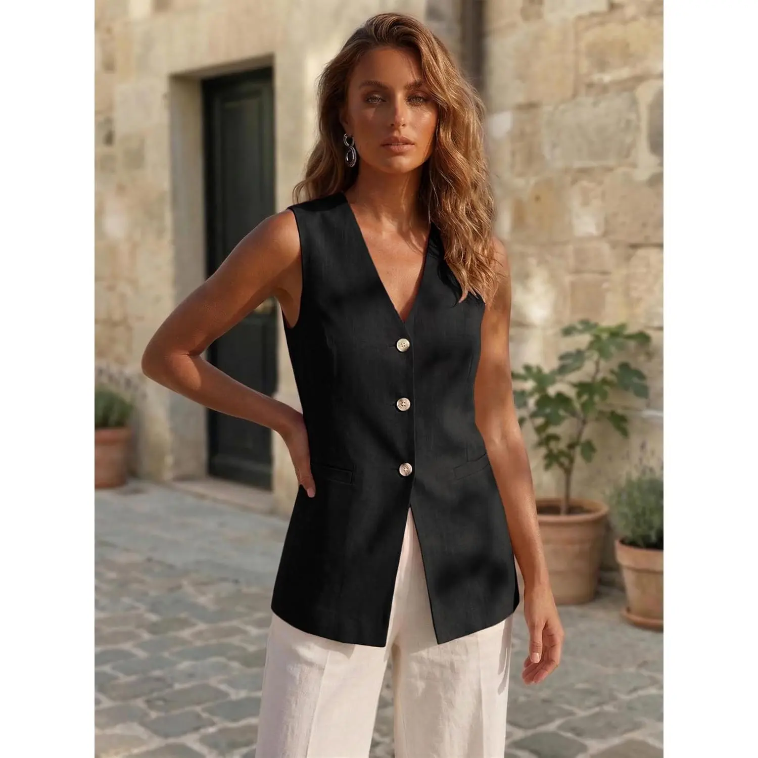 MINA SELF Women's 2026 Summer Linen V-Neck Sleeveless Fully-Lined Basic Fitted Vest Top - Breathable, Lightweight Workwear with Deep Front Pockets, Open Front Design, Uniforms, Interview, Office, Casual, Long, Clothes, Minimalist Fitted Vest, Solid, Extra