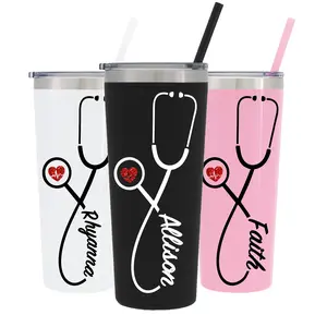 22 oz Personalized Nurse Stethoscope Tumbler with Lid and Straw - Custom Vinyl Decal | Stainless Steel Travel Tumbler | Leakproof Water Bottle with Straw | Thermal Cup for Hot and Cold Drinks | Insulated Coffee Tumbler | Cute Water Bottle for Women