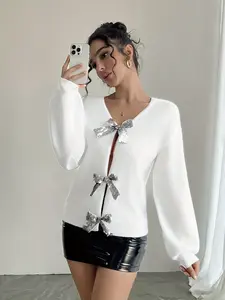 Front-Back Reversible Sequined Bow Knit Fitted Sweater, Sweet Cool Chic Casual Hollow Out Long Sleeve Top, Fashion Sparkle Element Knitwear Clothing Item Womenswear