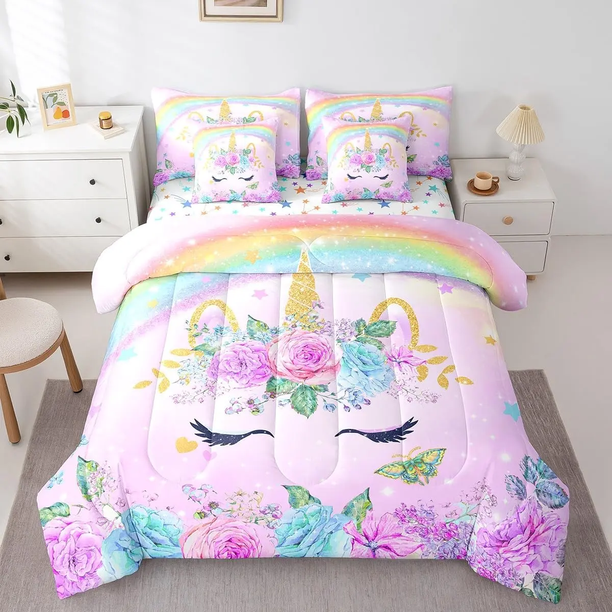Feelyou 7-Piece Cute Bed Sets - Purple Rainbow Comforter, Bedsheet Set, Ultra-Soft Gentle Soft Blanket, All-In-1 Warm Bedroom Textile Decor