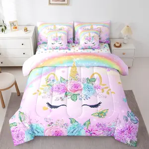 Unicorn Comforter Set with Sheets,Bedroom Decorations,3D Purple Unicorn Rainbow 7 Piece Bedding Set,Ultra Soft and Fluffy Flower Bed in a Bag