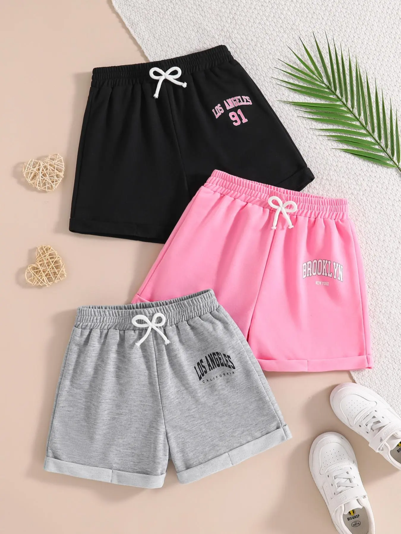 Girl's Letter Print Elastic Waist Shorts, Casual Comfy Breathable Shorts for Daily Wear, Kids Bottoms for Summer, Tie Waist Shorts, Elastic Loose Shorts Set, Casual Fit Shorts, Soft Shorts