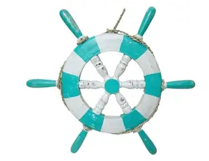WorldBazzar LG 20" TEAL Hand Carved Wooden SHIP WHEEL Nautical Coastal Chic Wall Decor Tropical Island Art