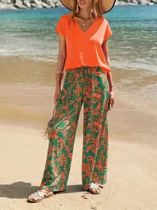 Women's Summer Casual Solid Floral Print Blouse and Long Pants Set, Elegant Daily Wear, Perfect for Spring and Summer, Womenswear