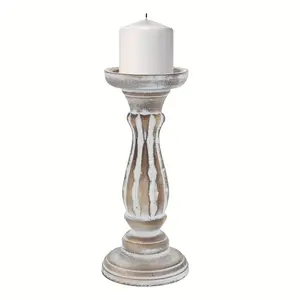 [Handmade Wooden Candle Holders] 10in Tall Handmade Wooden Pillar Candle Holders - 1pc Antique Brown Farmhouse Candle Holders - Natural Decorative Candlestick Holders for Table Centerpiece