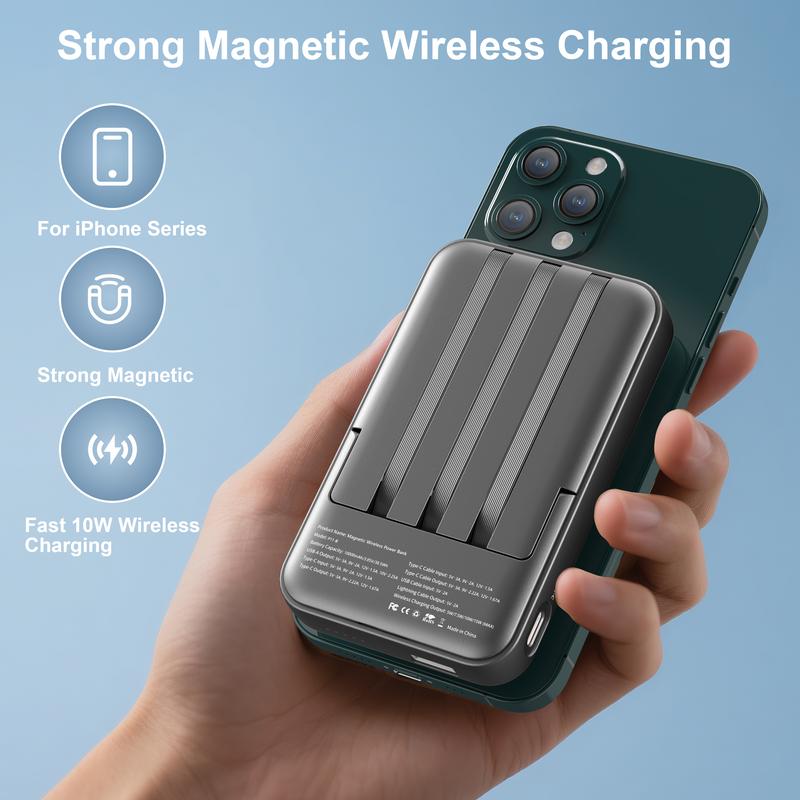 Magnetic Power Bank, 10,000mAh Wireless Portable Charger with 22.5W Max Fast Charging, Built-in USB-C and Lightning Cable, Fast Charging Battery Pack with Phone Stand for  iPhone 16/15/14/13/12/Pro/Pro Max