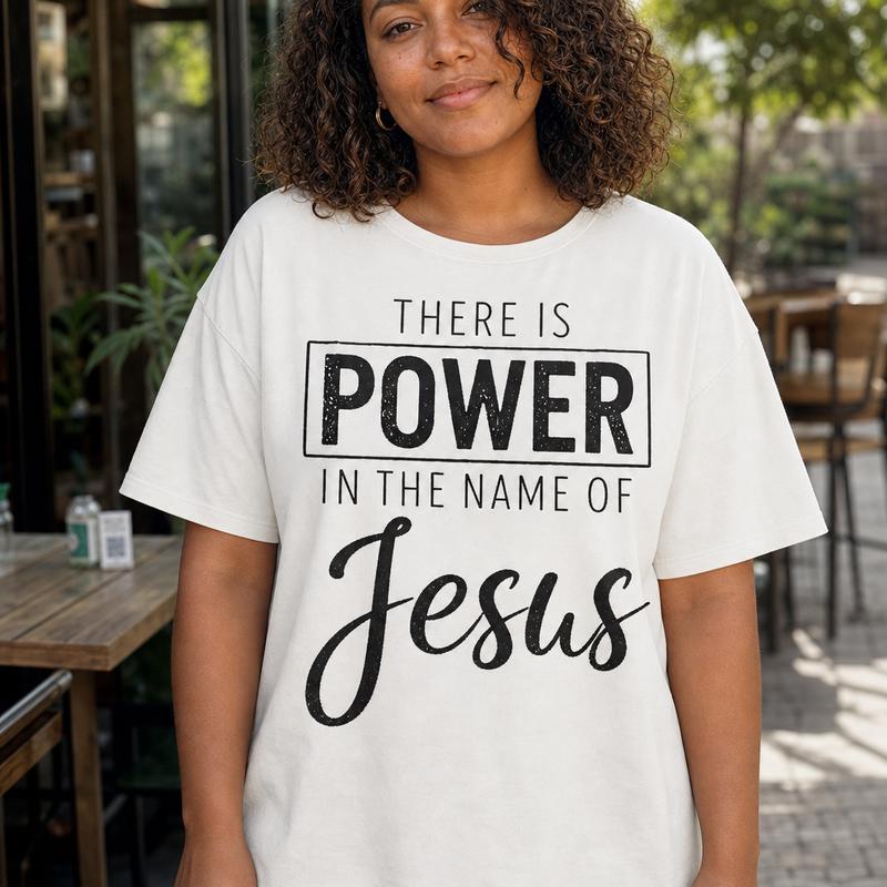 Women's 100% Pure Cotton Casual Round Neck Short-Sleeve Loose-Fit Christian Faith T-Shirt - Drop Shoulders, Inspirational "Power in the Name of Jesus" Graphic Print, Plus Size Casual Wear Top