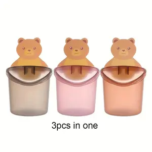Cute Bear Wall-Mounted Sticky Storage Cup Set, Bathroom Accessory, Plastic Toothbrush Holder with Drainage, No Power Bathroom Organizer, 3 Pieces