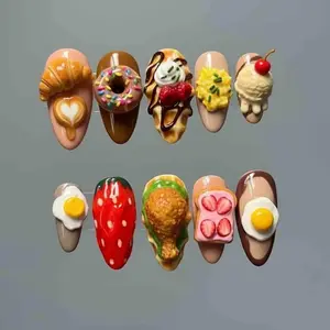 Breakfast Food Press On Nails Croissant Donut Fried Egg Waffles And Ice Cream