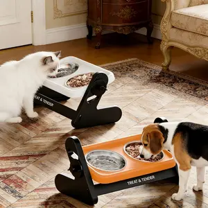 Adjustable Height Dual Bowl Cat Feeder Stand with 2 Stainless Steel Bowls, Elevates Dog Food Water Bowls, Protects Cervical Spine Design