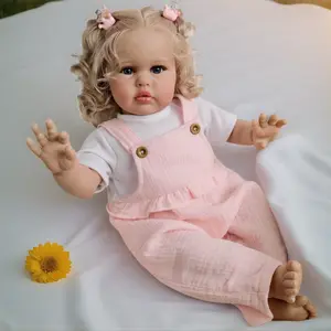 Rebornbabydoll 24inch Realistic Blonde Pigtails Toddler Girl Doll Ellie with Blue Eyes Pink Sheer Overalls & White Onesie Soft Cloth Body Preppy Gift for Collectors
