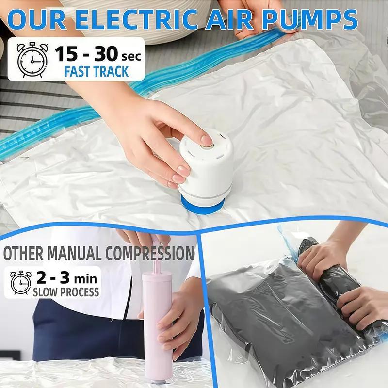 Cordless Travel Vacum Storage Compression Bag Set 15-Pack in 3 Sizes 140Min Powerful Air Removal USB Rechargeable Handheld Pump with Built-in Battery Waterproof & Reusable Space Saver for Clothes & Packing Perfect for Carry-On Suitcases