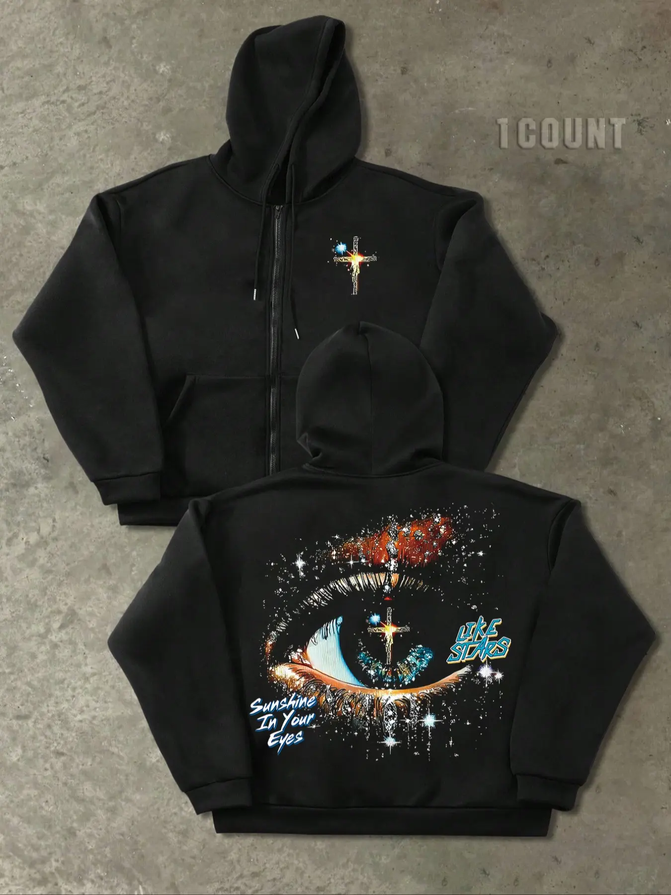 Men's Zip-Up Knit Hoodie with Graphic Eye Print, Vintage American Style Casual Streetwear Hoodie, Loose-Fit All-Season Sweatshirt, Versatile Fashion Piece