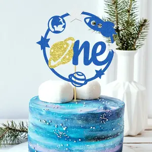 1pc Rocket Planet One Cake Topper Outer Space Birthday Cake Topper Planet Stars Earth Cake Decorations for Space Celestial Galaxy Alien Themd Birthday Party Supplies