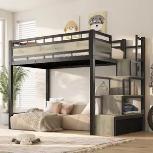 Loft Bed Twin with Stairs, Heavy Duty Metal  Bed Frame with Storage and Large Under-Bed Space for Teens and Junior, No Box Spring Needed, Black