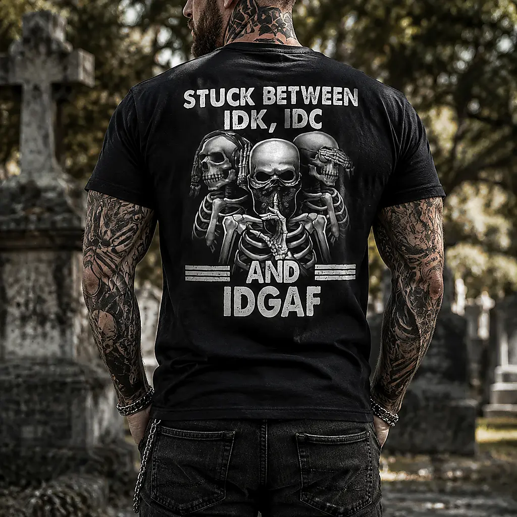 Male Cotton Crew Neck Sports Top - 3-Skulls Front-Back Print, "Stuck Between IDK IDC And IDGAF" Funny Skeleton Short-Sleeve, Anti-Shrinking Relaxed Fit, Back To School-Halloween Gift For Streetwear Menswear