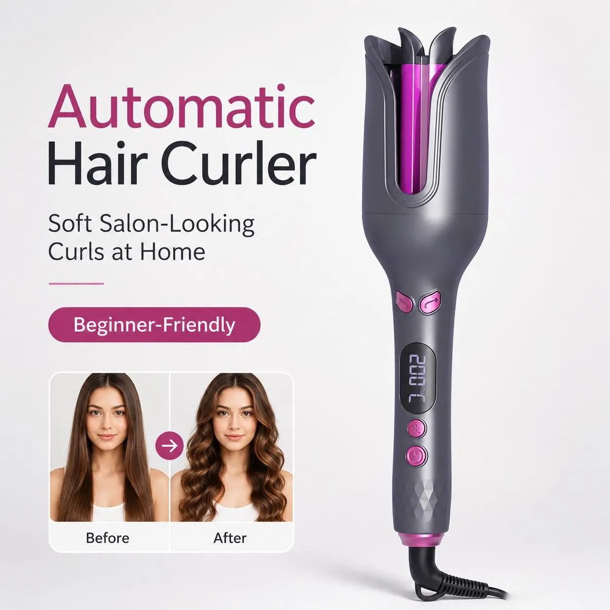 1.25-Inch / 32mm Automatic Hair Curler, Large-Barrel Curling Iron with 100M Negative Ions, 4 Heat Settings, Easy At-Home Styling Tool for Soft, Smooth Curls