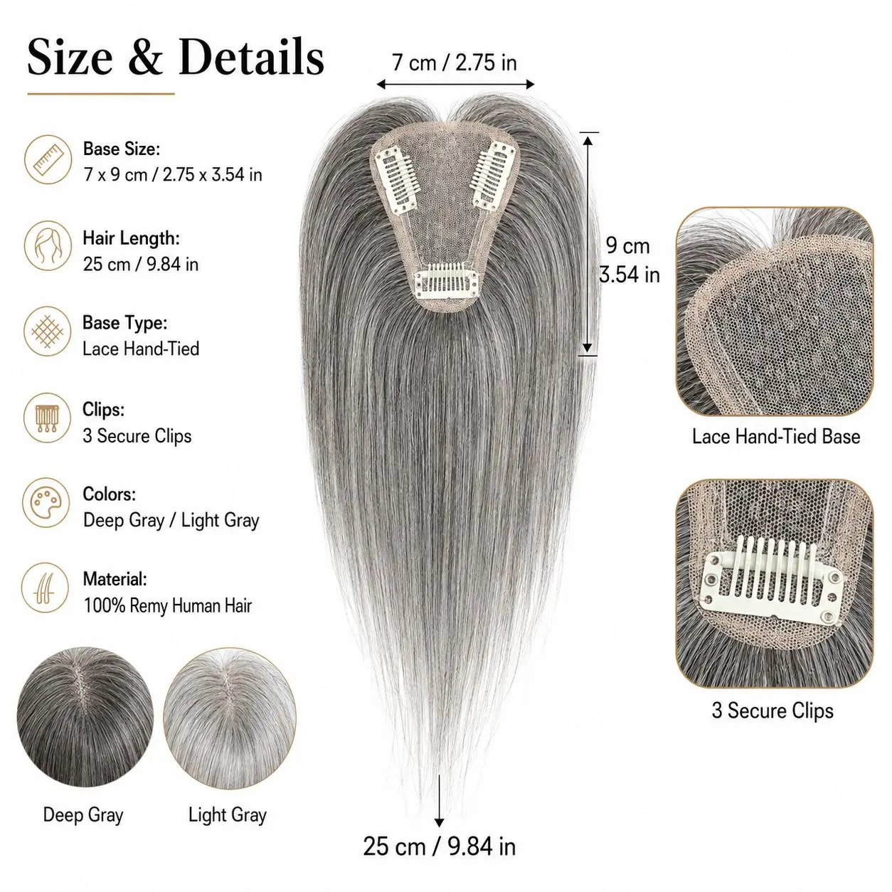 Gray Human Hair Topper, 100% Remy Human Hair, 7 x 9 cm Lace Hand-Tied Base, 25 cm Clip-In Hairpiece with 3 Secure Clips, Breathable Lightweight Natural Top Coverage, Deep Gray & Light Gray