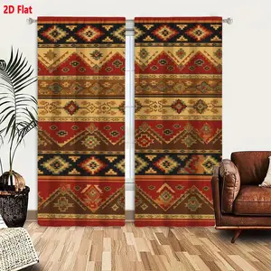 2D Flat  2-Pack Traditional Southwestern Native American Style Curtains, Warm Red Brown Beige Color Palette with Geometric Diamond Triangular Patterns, Blue Green White Accents, Cultural Heritage Inspired Ornate Textile Design, Decorative Window Dr