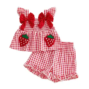 Toddler Baby Girl Outfit Strawberry Embroidered Plaid Bows Ruffled Trim Tank Tops and Shorts 2Pcs Set