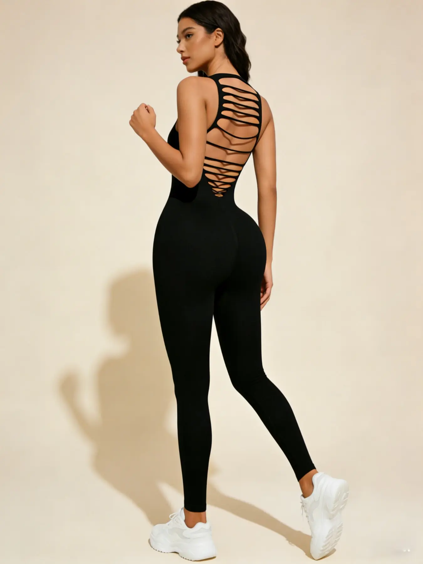 Women's Black Open Back One Piece Yoga Jumpsuit, Sleeveless Bodycon Athletic Bodysuit for Workout, Gym, Fitness, Running & Pilates, Workout Jumpsuits, Sporty Jumpsuit