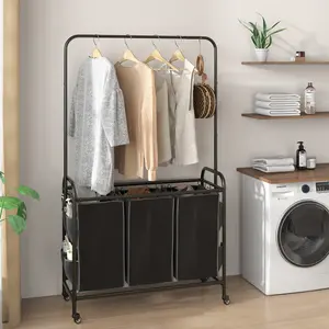 Laundry Sorter 3 Bag Laundry Hamper Cart with Clothes Hanging Bar Rolling Lockable Wheels and Removable Bags for Bedroom Clothes Storage Organiser