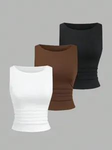 3pcs White And Black Three Soft And Comfortable Solid Colors To Wear A Slim Undershirt Vest Inside, And A Girlfriend Sister Outfit Is Comfortable And Suitable For Various Scenes