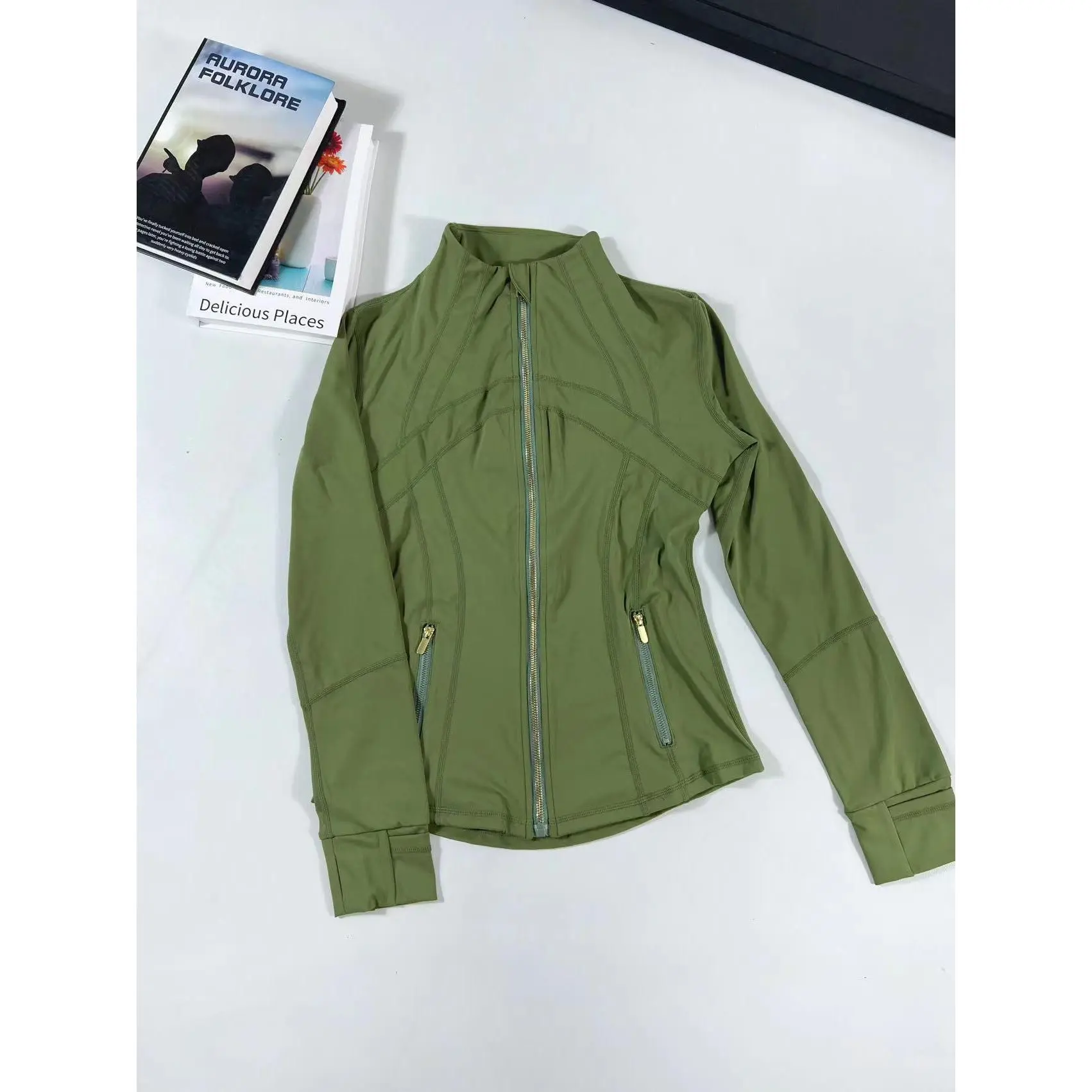 Forest Green Gold Zipper Long Jacket