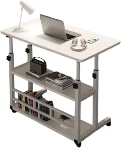 Adjustable Rolling Desk with Storage Shelves - Mobile C-Shape Side Table with Brake Wheels & Safe Rounded Corners, 3-Tier Laptop Stand Organizer for Books, Bottles & Cups, Bed & Sofa Essential