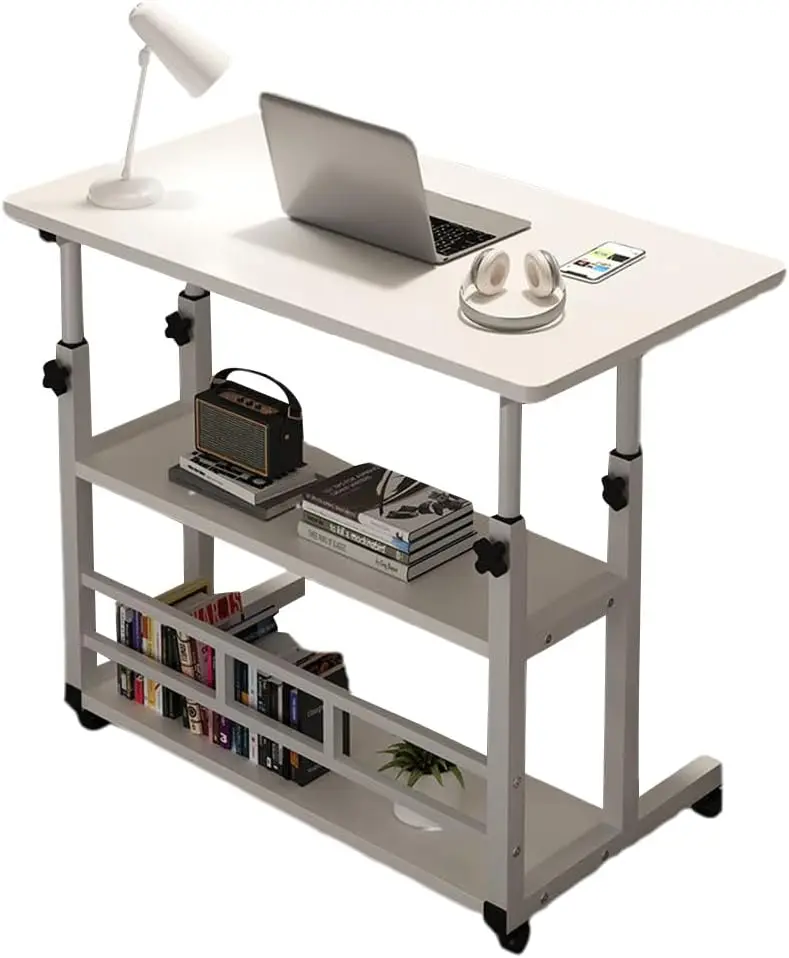 Adjustable Rolling Desk with Storage Shelves - Mobile C-Shape Side Table with Brake Wheels & Safe Rounded Corners, 3-Tier Laptop Stand Organizer for Books, Bottles & Cups, Bed & Sofa Essential