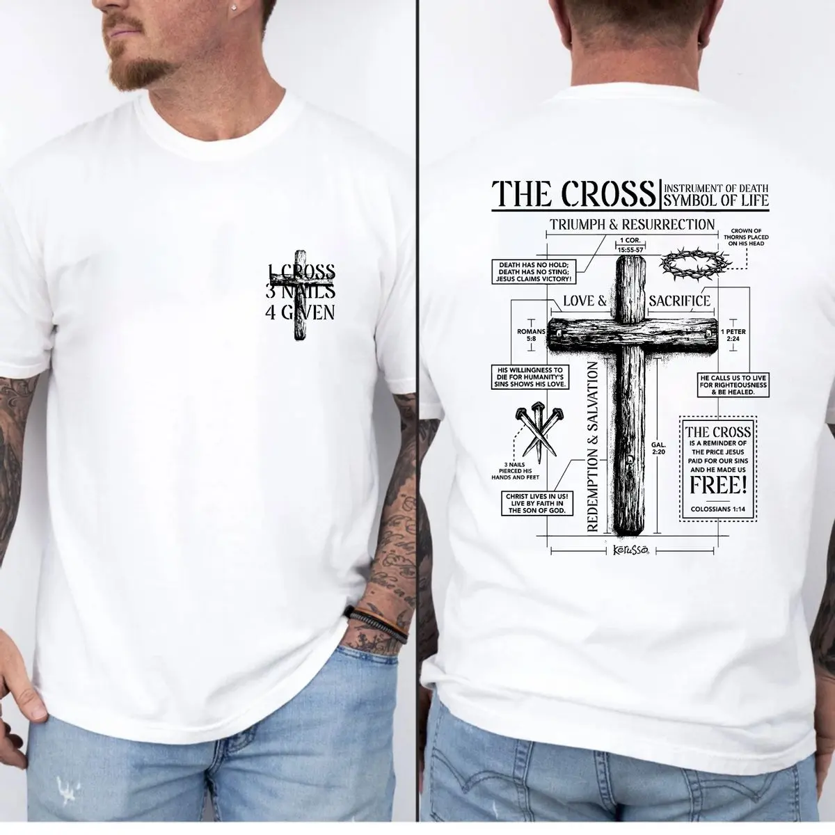 Jesus Cross Diagram Shirt, Christian TShirt, Love & Sacrifice Faith Tee, 1 Cross 3 Nails 4 given Bible Verse Clothing, Unisex Short Sleeve Tee, Graphic Round Neck Tee  Classic