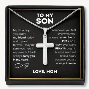 1 piece "to My Son" Stainless Steel Cross Pendant Necklace, Birthday Gift, Valentine's Day Gift, Christmas Gift, with Card and Gift Box Packaging Black Heart Tassel Long Earrings toe rings wax ring jazz ring promise ring gf Infinity Love Son's Bracelet