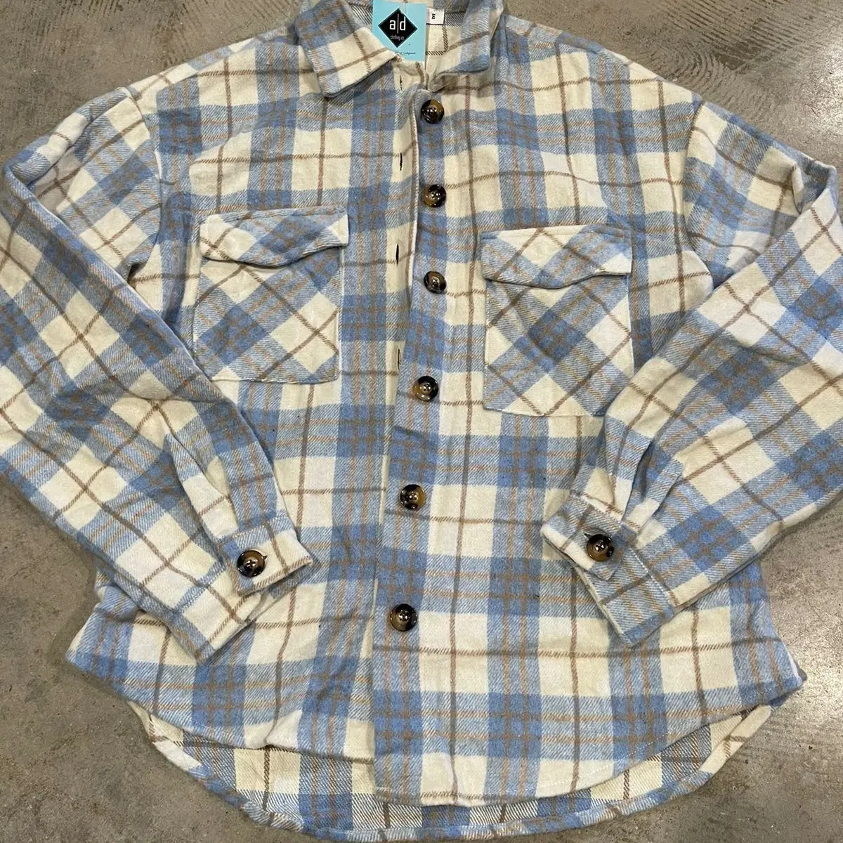 Gorgeous Light blue plaid shacket, soft, warm 100% polyester womens flannel shacket shirt