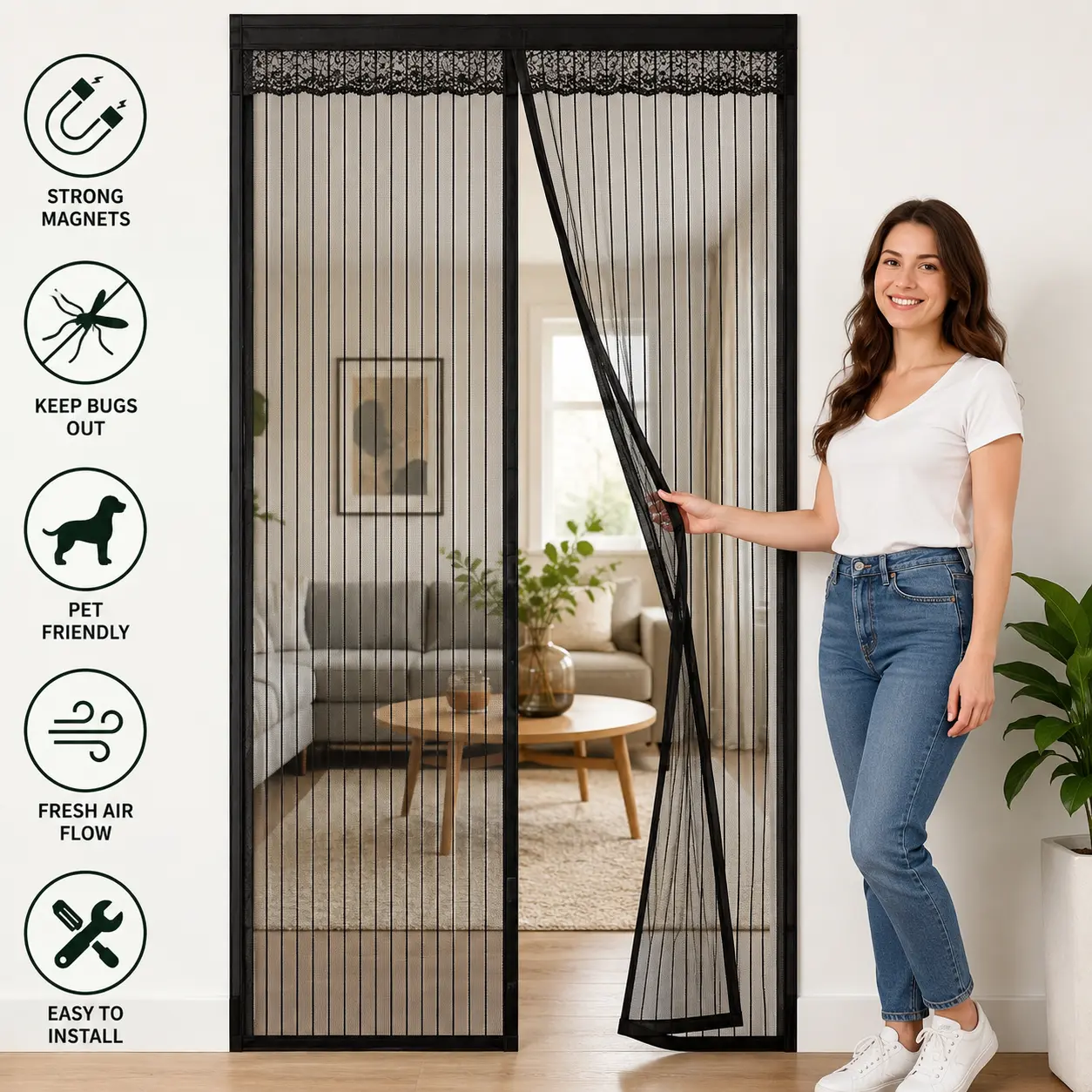 Strong Magnets Magnetic Door Screen Keep Bugs Out Pet Friendly Fresh Air Flow Easy to Install Black Mesh Curtain