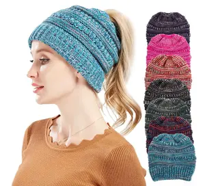 Winter Hats for Women Fleece Lined Beanie Knit Chunky Womens Snow Cap / Mixed Color Knitted Wool Hat Ladies Non-labeled Ponytail Hat