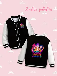Hunter Girl Team Kids Baseball Jacket Huntrix Kpop Hunter Style, Korean Trendy Casual Long Sleeve Double Print Baseball Coat HUNTR/X（EJAE、AUDREY NUNA、Rei Ami）、Saja Boys（Andrew Choi、Neckwav、Danny Chung、KEVIN WOO、samUIL L）、TWICE、MeloMance、JOKERs